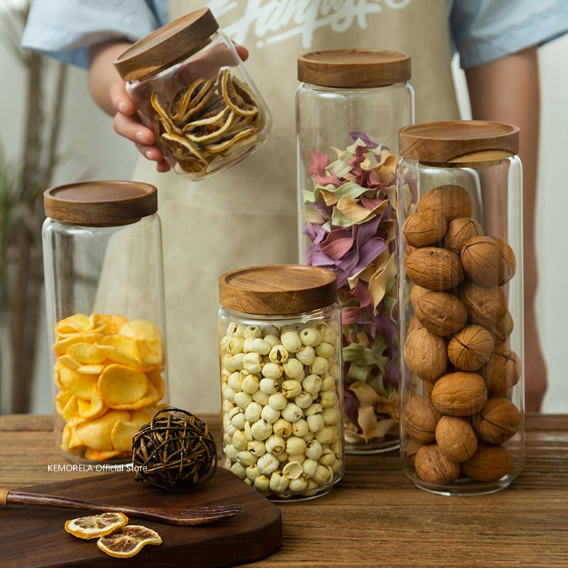 Food Storage Jars With Wooden Lids - Botol penyimpanan dapur, wadah toples permen,