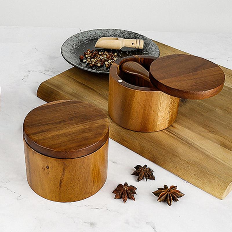 Food Storage Jars With Wooden Lids - Wadah bumbu garam, toples lada, kotak