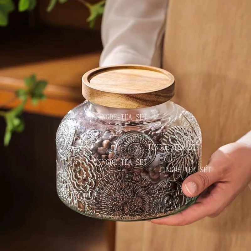 Food Storage Jars With Wooden Lids - Stoples Penyimpanan Kaca Berpola Embos dengan
