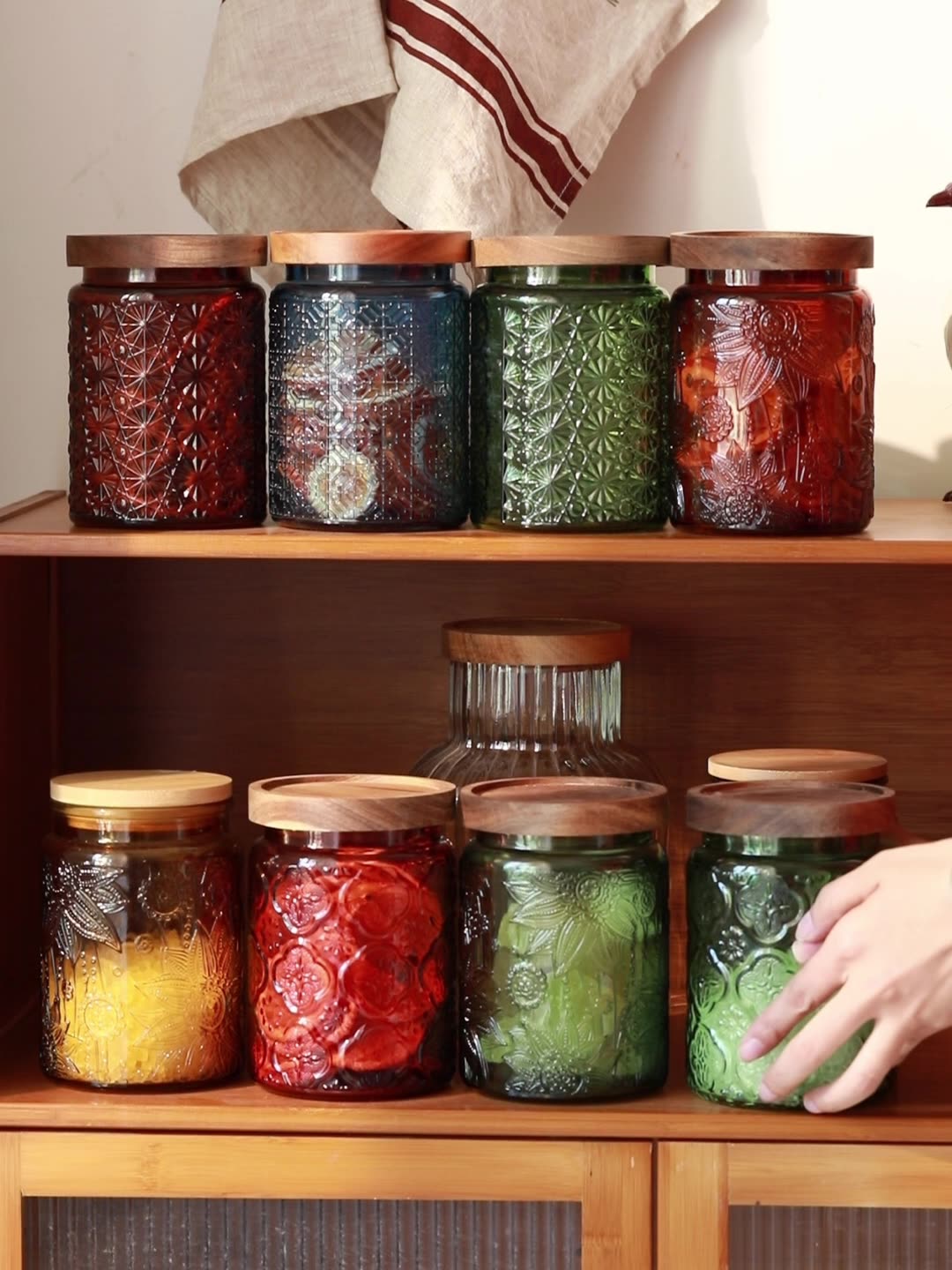 Food Storage Jars With Wooden Lids - Toples penyimpanan dapur kaca antik, wadah